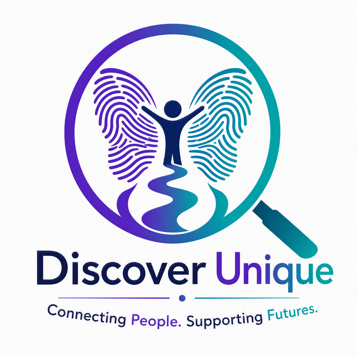 The original Discover Unique artwork: a butterfly whose fingerprint wings hold a magnifying glass, a central figure and a pathway